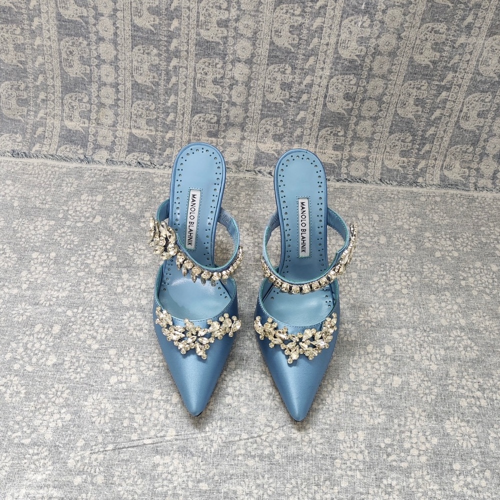 Manolo Blahnik Light Blue Satin Pointed-Toe Jeweled Mules - Picture 4 of 13